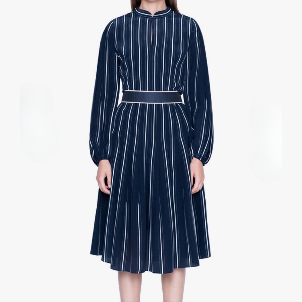 AKRIS Navy & Jasmine Stripe Silk Long Sleeve Dress Size 14